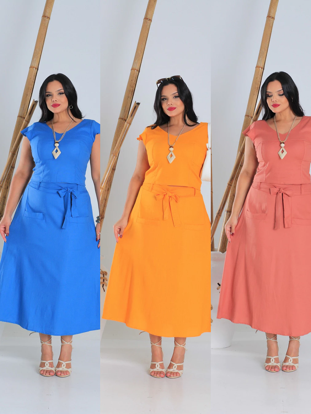 Conjunto Feminino Elegante Regata + Saia com Cinto e Bolsos - Tamanho GG ao G1