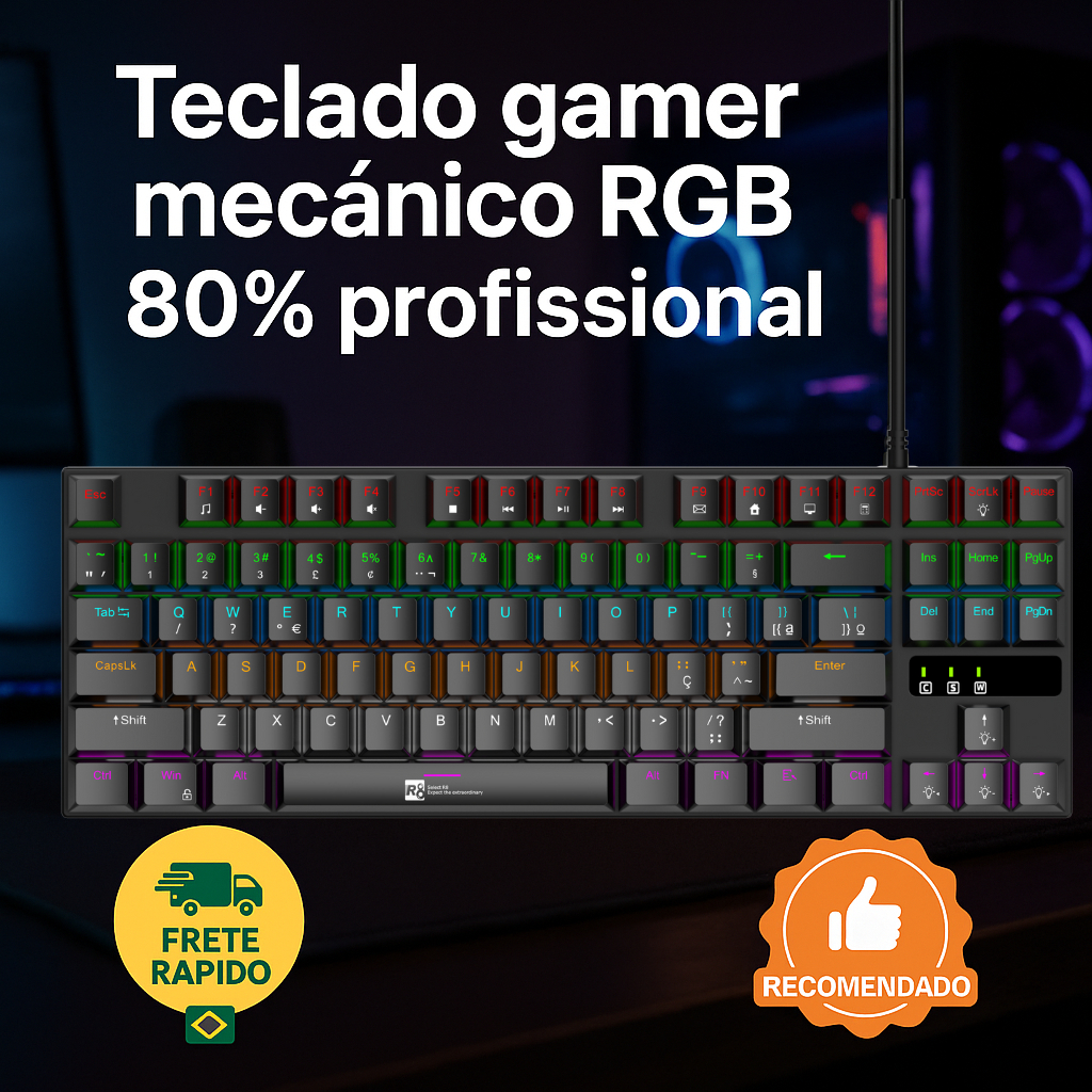 Teclado Gamer Mecânico 80% RGB ABNT2 (Ç) Profissional Compacto ...