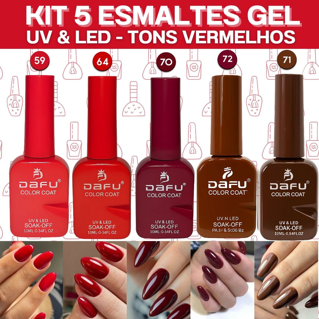 Kit 5 Esmaltes Gel Led Uv Dafu Tons Vermelhos Vinho Marrom Esmalte ...