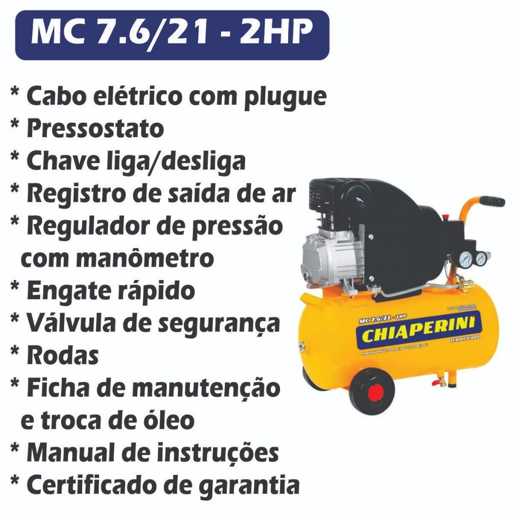 Compressor de Ar Portátil 21Litros Chiaperini MC 7.6/21-2HP 120psi