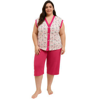 Pijama Feminino Plus Size Pescador Estampa Floral Manga Curta Botão Gola V Bermuda Conjunto Dormir em Oferta na Shopee