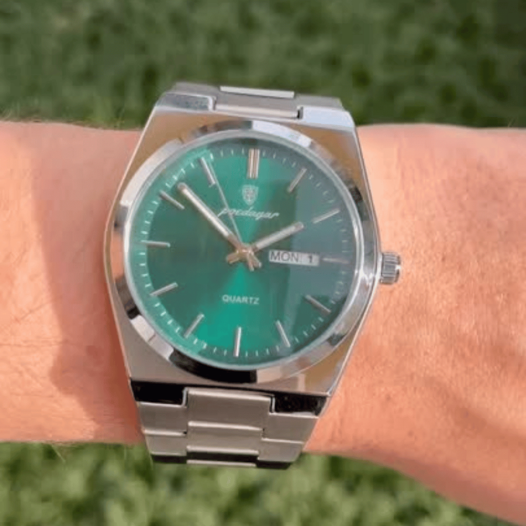 Relógio luxo Poedagar aço inoxidável minimalista casual elegante verde e prateado grife