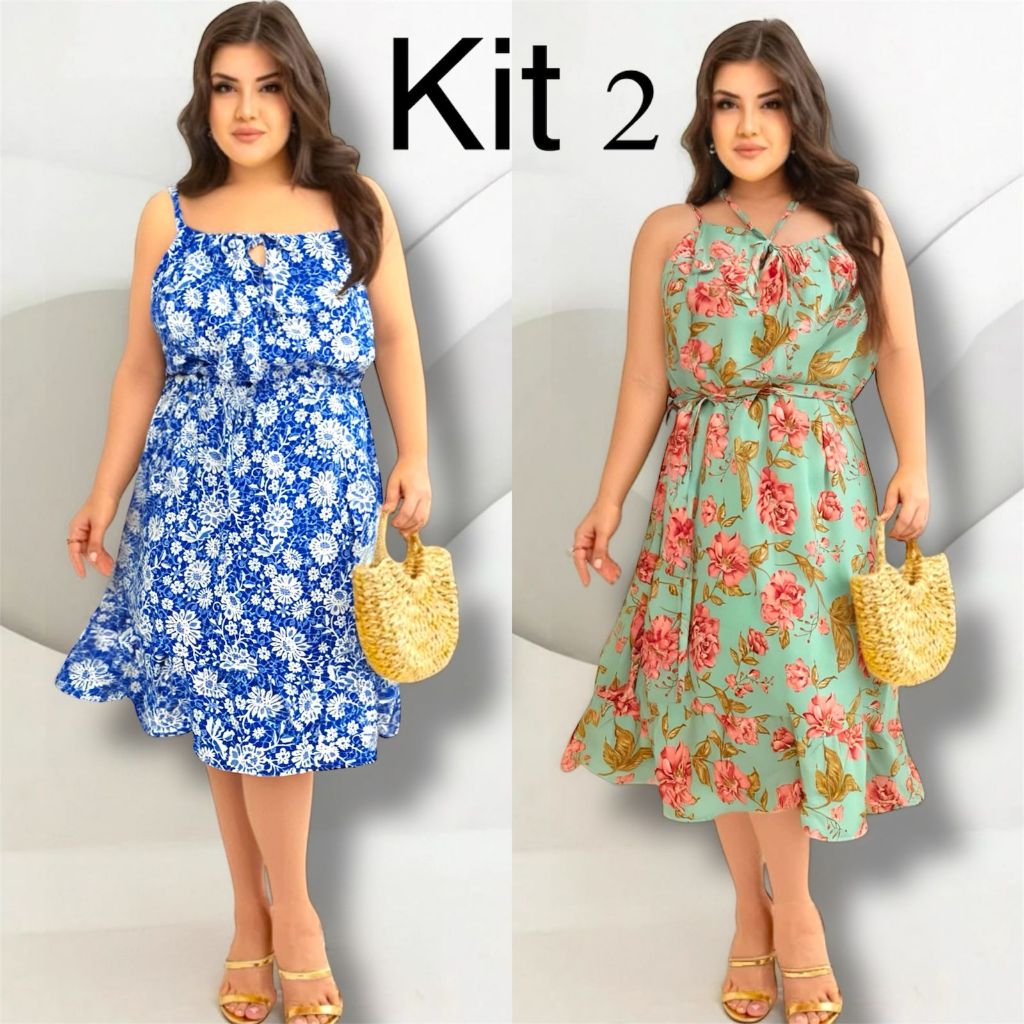Kit 2 Vestidos Femininos Verão | Midi Floral Soltinho | Leve e Fresco ...
