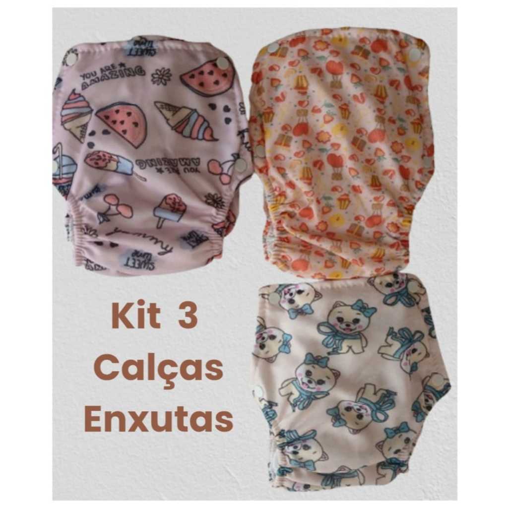 3 Calças Plasticas Fralda Ecológica Enxuta Reutilizável Bebê Infantil ...