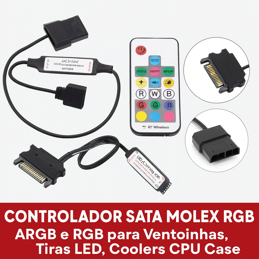 CONTROLADOR SATA + MOLEX RGB 5V 3PIN + 12V 4PIN - COMPATÍVEL COM TIRAS LED WS2812B, COOLERS RGB, VENTOINHAS,UNIVERSALX