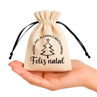 10 Saquinhos em algodão Crú - Frases de Feliz Natal Arvore de natal - Tecido Ecológico
