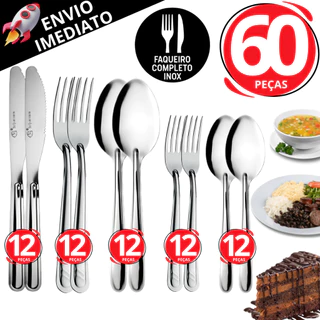 Kit 60 Talheres em Inox Premium Jogo Completo 12 Garfo 12 Faca 12 Colher 12 Colher de Sobremesa 12 Garfo de Sobremesa
