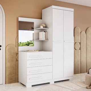 Guarda-Roupa Solteiro Grécia 2 Portas com Comoda 3 Gavetas e Espelho 100% MDF - Linha Mobília