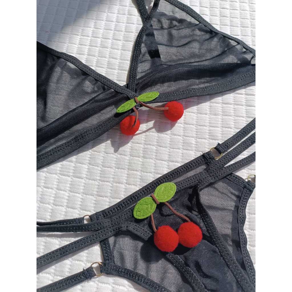 Conjunto Calcinha Sutiã 
 Lingerie Tule Transparente com Cereja Sexy Atrevida Sensual Calcinha Top