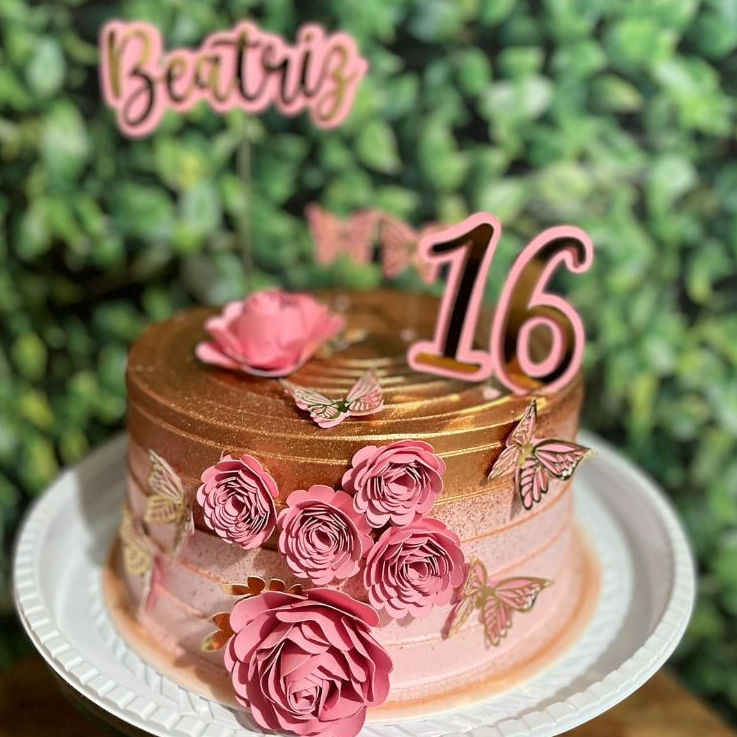 Topper de Bolo Personalizado - Topo de Bolo Flores Florido Rosa ...