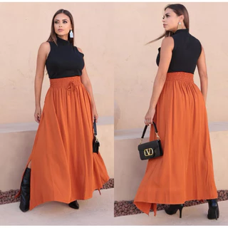 SAIA LONGA VISCOLINHO FEMININA COM BOLSOS COM FENDA LATERAL MODA EVANGÉLICA FORRADA MODA CASUAL CINTURA ALTA