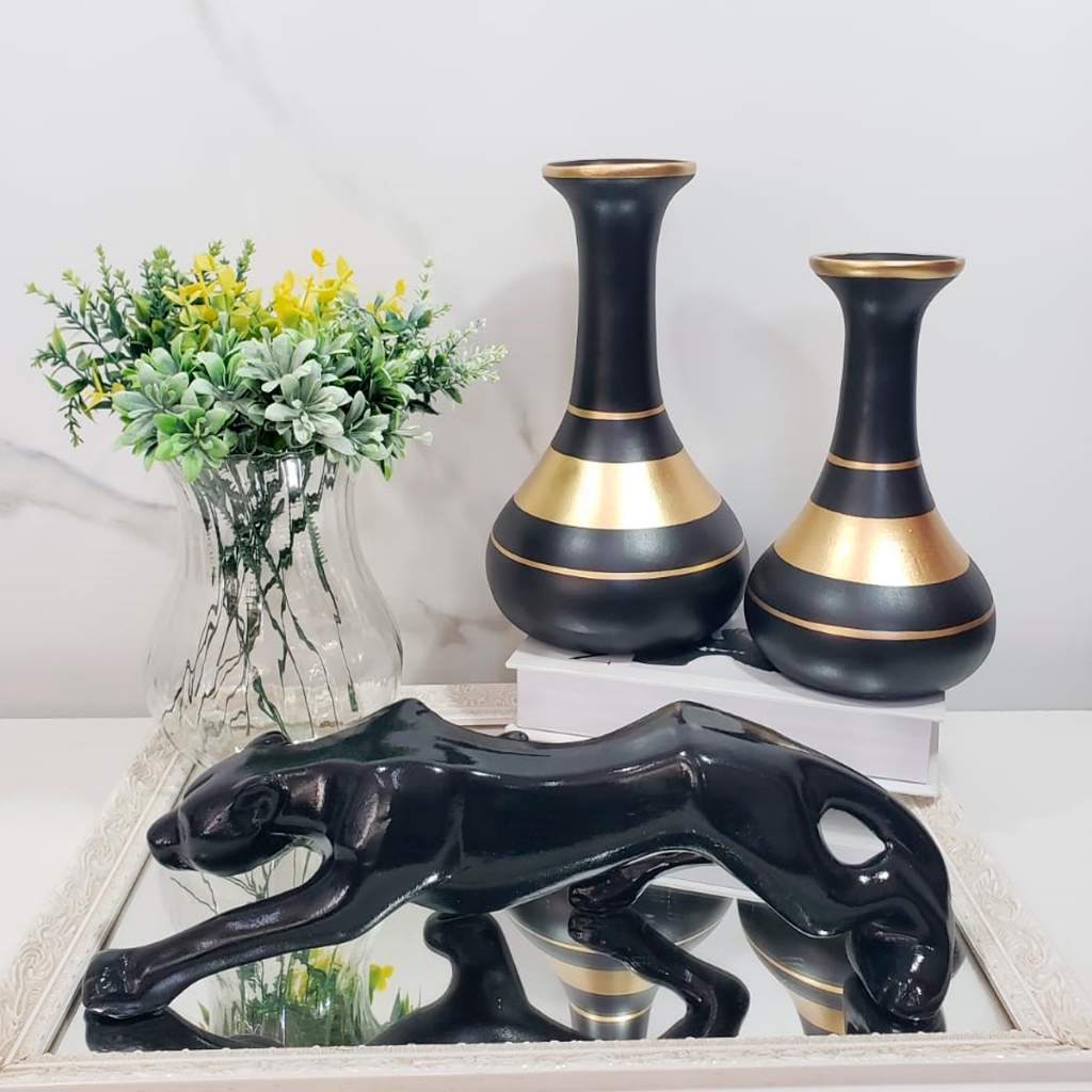 3 Enfeites Cerâmica Peças Decorativas Pantera Kit Vasos Rack Sala