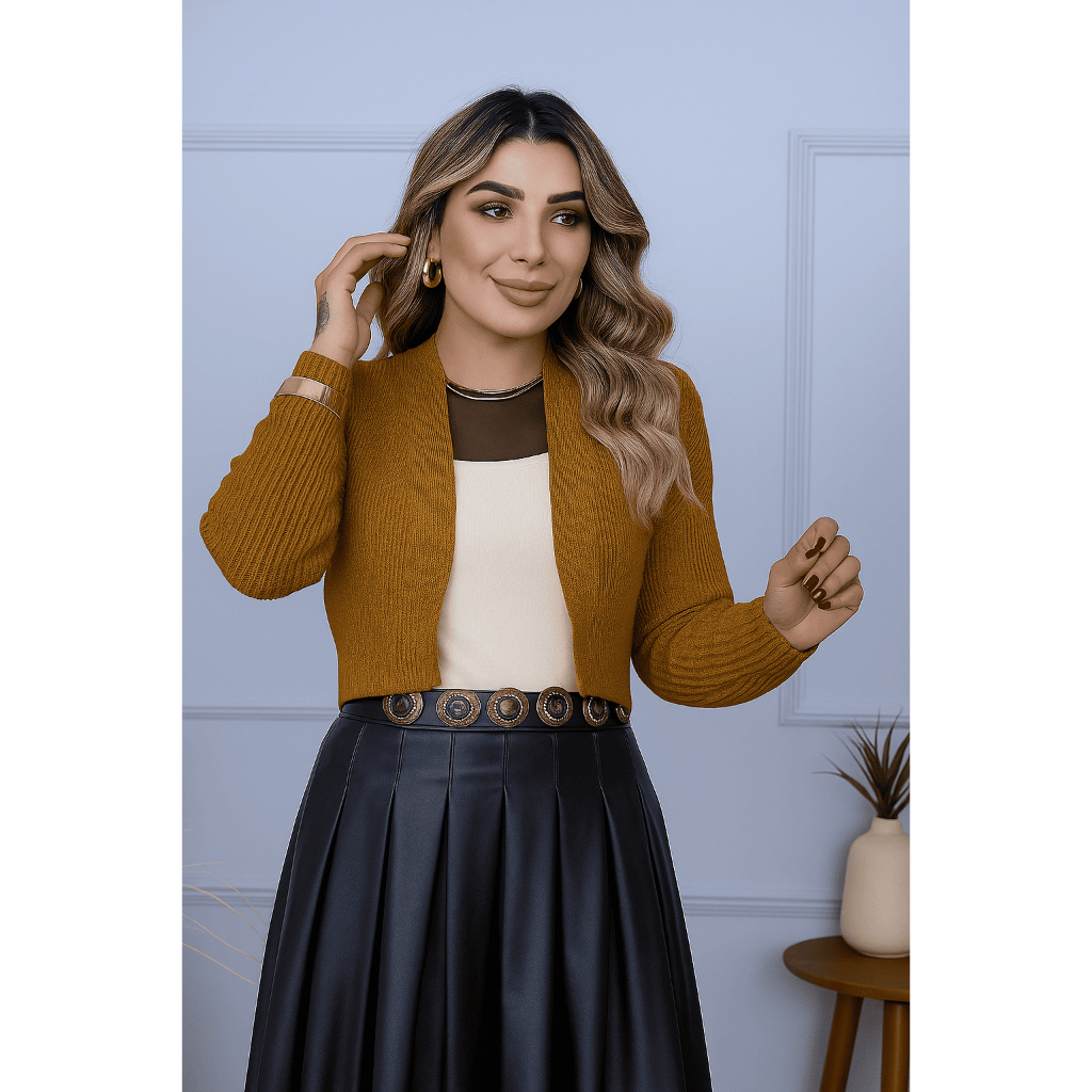 Casaco Cardigan Curto de Tricot Bolero Fang Manga Longa Casaqueto ...