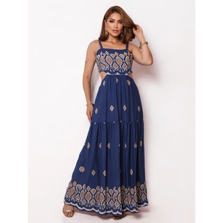 Vestido Longo Estampado Viscolinho Forrado Moda Feminina COD 139 em Oferta na Shopee