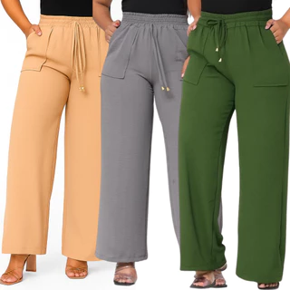 Calça Pantalona Feminina Duna Cintura Alta Bolso Visível Não Transparente P-M-G-GG