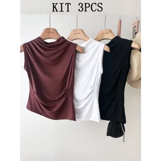 Kit 3pcs Blusa Feminina Sem Manga Com Gola Plissada Regata Casual Verao Ajustada VIscose