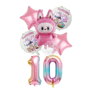 Kit com 5/6/7 balões metalizados Labubu c/ balão número Lafufu rosa para festa de aniversário