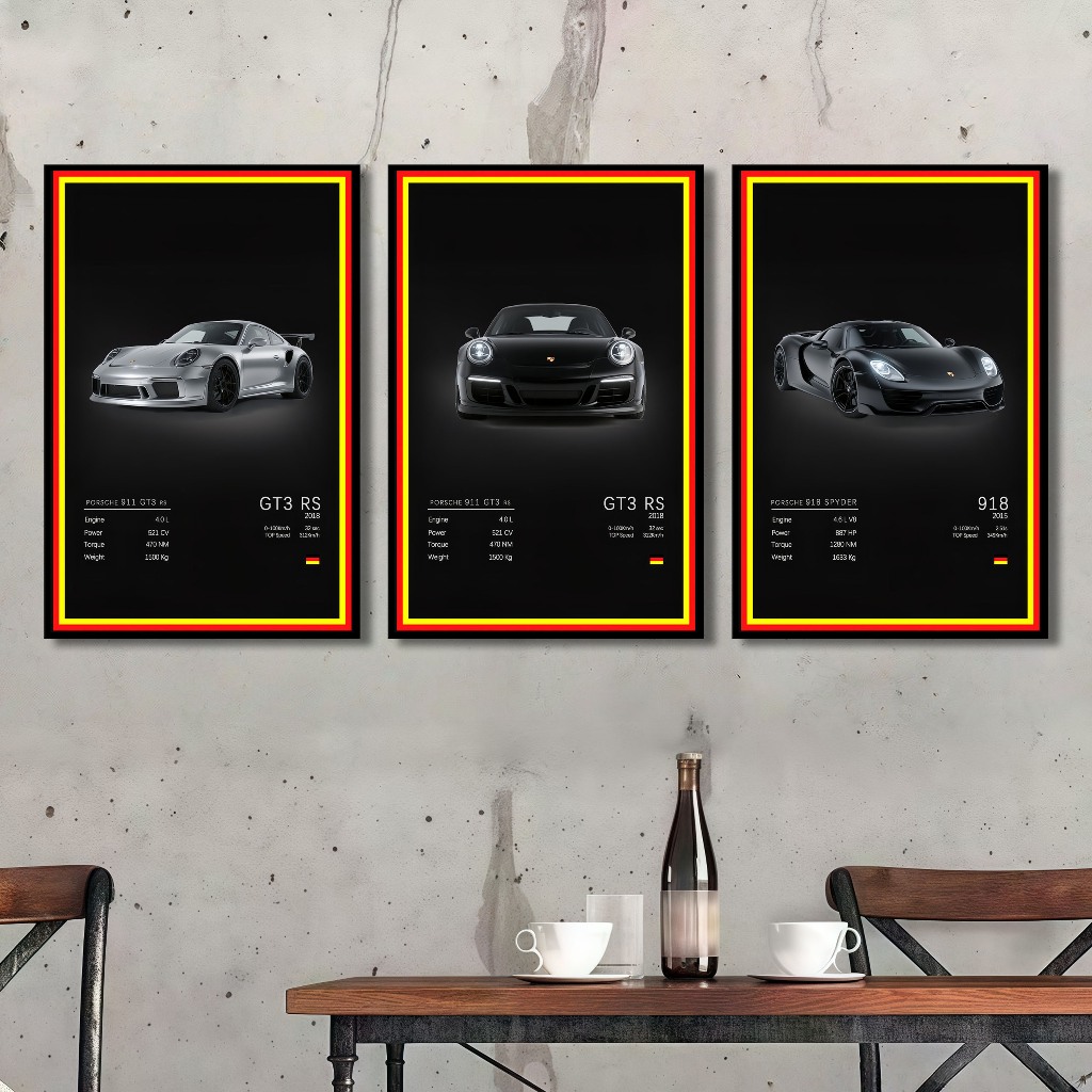 Kit 3 Quadros Porsche GT3 RS Sala Quarto Escritório Estilo Esportivo Moderno