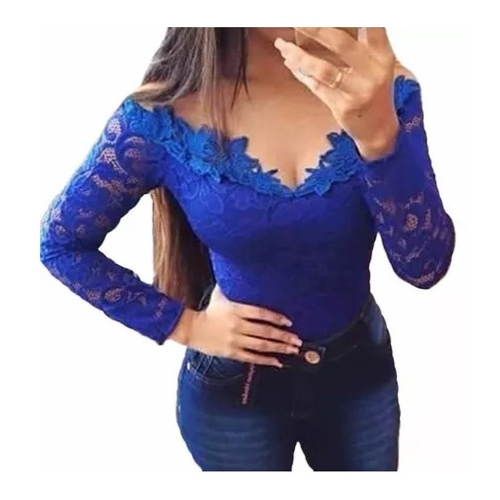 body manga longa ombro em renda e tule | Shopee Brasil