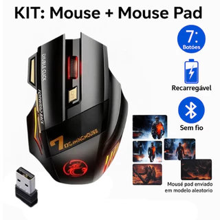 Mouse Gamer Sem Fio Recarregável RGB 7 Botões 3200 DPI Ergonômico USB PC + Mouse Pad