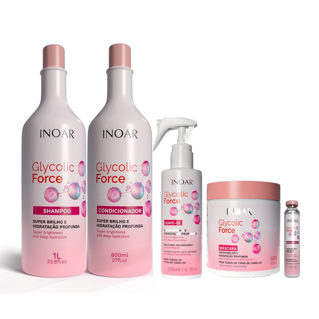 Inoar Kit Glycolic Sh. 1L e Cond. 800ml + Leave-in 200ml + Másc. 500g ...