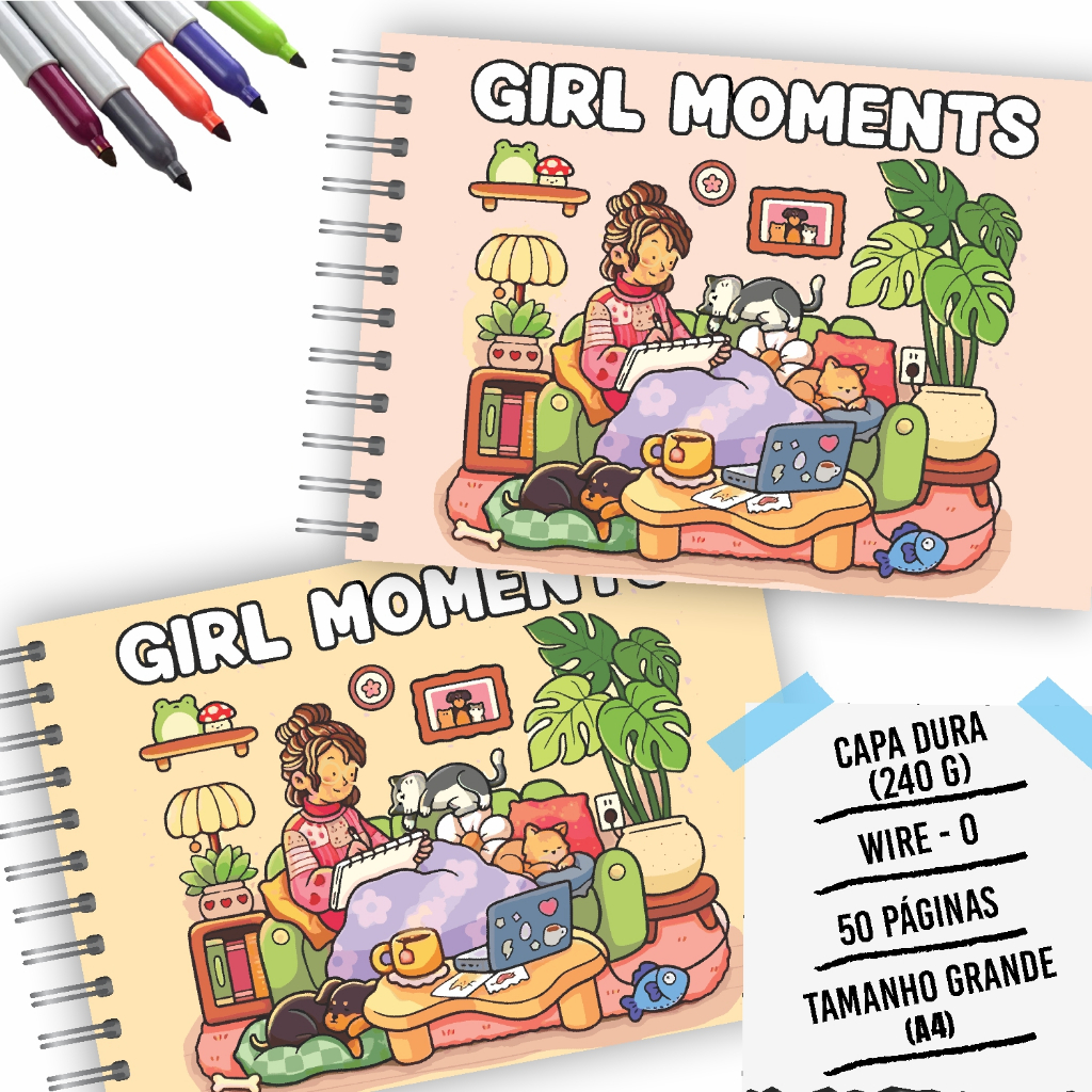 Livro de Colorir Girl Moments Tamanho Grande 20x30cm Capa Dura Flexível ...