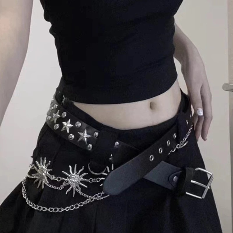 Cinto Unissex De Cintura Decorado Com Lantejoulas Prata Estilo Punk