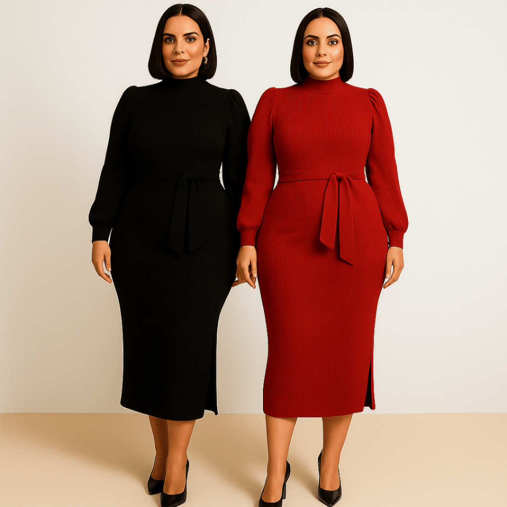Kit 2 Vestidos Feminino Plus Size Manga Longa Canelado Poliéster ...
