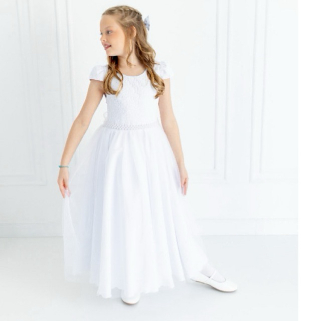 Vestido Dama de Honra Branco Longo Infantil Laço Festa Daminha