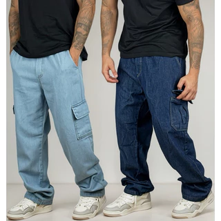 Kit 2 Calça Cargo Jeans Premium Larga Streer Over