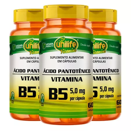 Kit 3 Vitamina B5 Ácido Pantotênico 60 Cáps Unilife