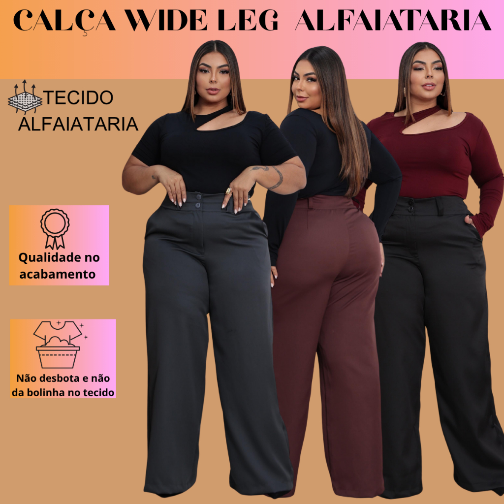 Calça Feminina Alfaiataria Plus Size Pantalona Wide Leg Com Botão ...