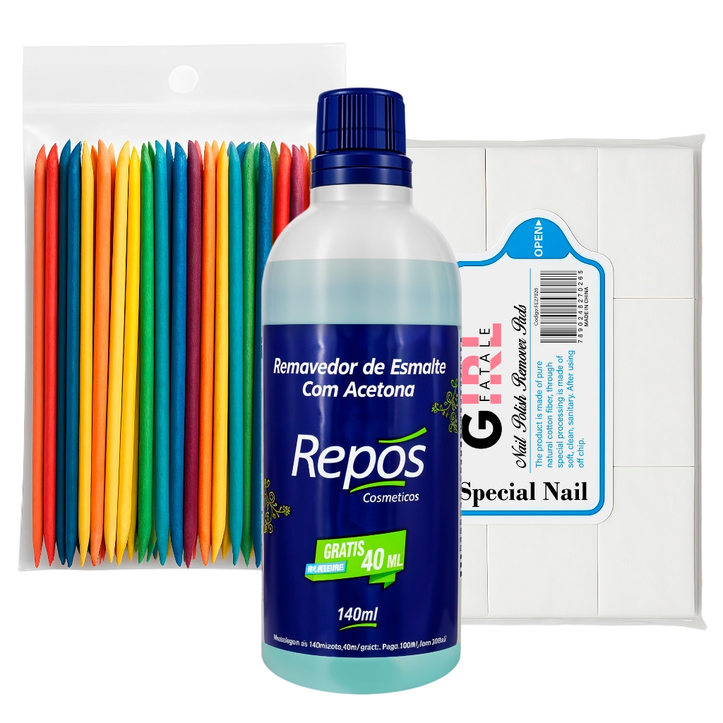 Kit Completo Unhas Profissional Repos 140ml Acetona Palitos Madeira ...