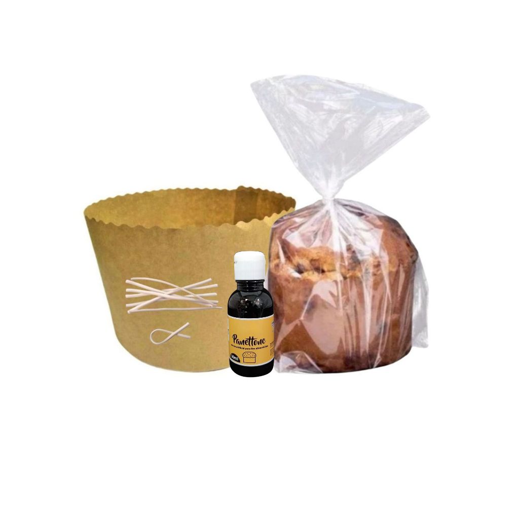Kit 10 Forma Papel Panetone 500g Saco Fecho Essência
