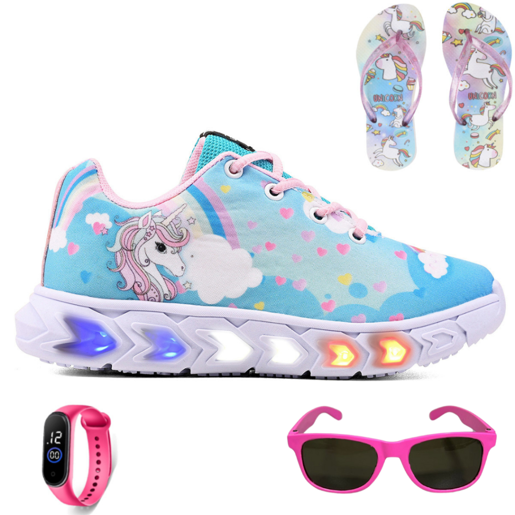 Tênis de Led Infantil Feminino Minnie Mais Chinelo com Relogio e