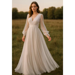 Vestido longo de noiva casamento civil, em tule Ox030