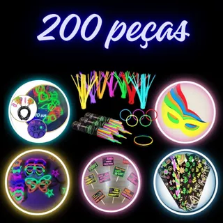 Kit Festa Neon 200 Itens – Pulseiras, Óculos, Gravatas, Tiaras, Plaquinhas e Máscaras para Balada Eventos Casamentos