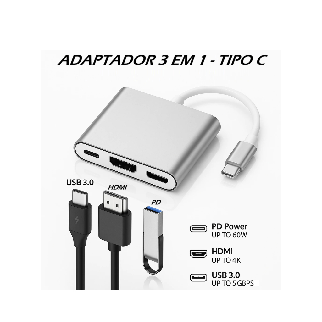 Adaptador 3 em 1 - tipo C Em 1 Type C Para HDMI Hub PD 100W USB ...