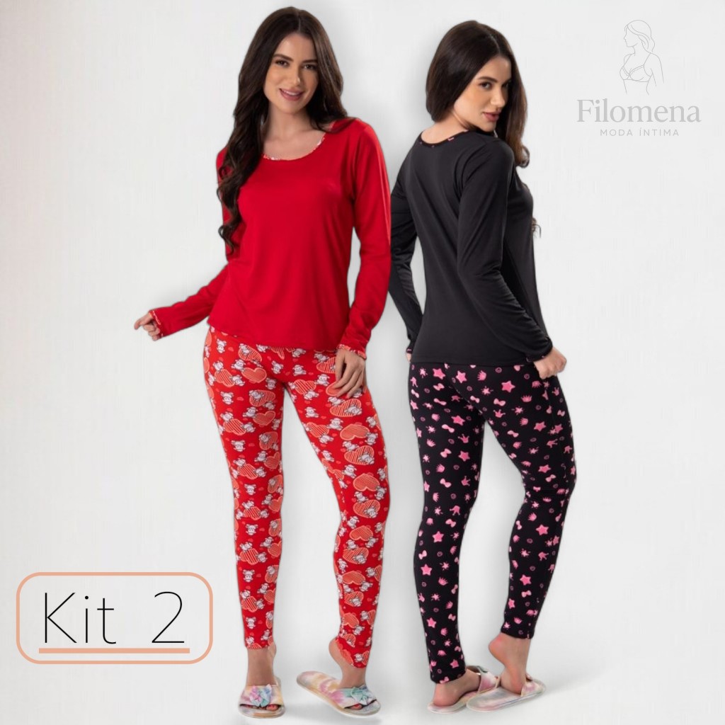Kit 2 Pijama Feminino Suede Manga Longa Estampado Inverno Pijamas com Estampa em Oferta na Shopee