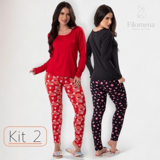 Kit 2 Pijama Feminino Suede Manga Longa Estampado Inverno Pijamas com Estampa em Oferta na Shopee