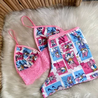 Conjunto Bady Doll Personagens Estampado Roupa de Dormir Conforto Pijama Com Detalhe de Renda em Oferta na Shopee