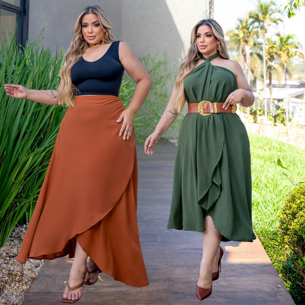 Saia Longa Plus Size Envelope Transpassada com Amarração Elegante ...