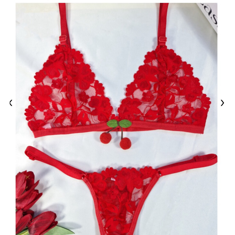 conjunto lingerie fio dental de tule e renda cereja | Shopee Brasil