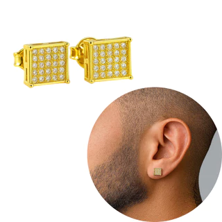 Brinco Ice Todo Cravejado Quadrado Masculino Zircônia Banho Ouro 18k