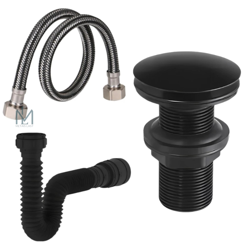 Kit Banheiro Engate Flexível 40cm+ Valvula Ralo Click 7/8+ Sifão 72cm Preto