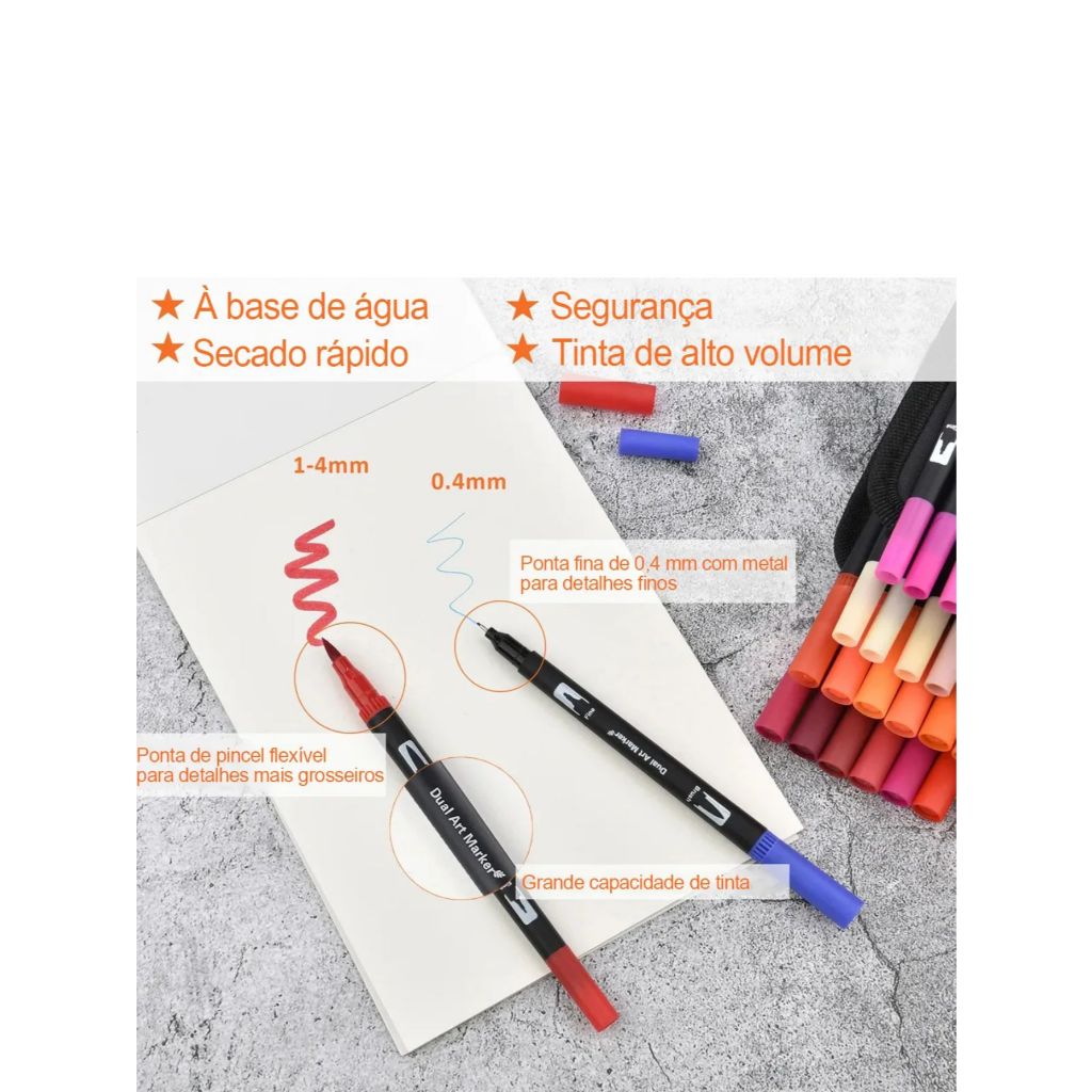 Kit 60/ 48Canetas Ponta Dupla Brush Fine Line Dual Touch Estojo