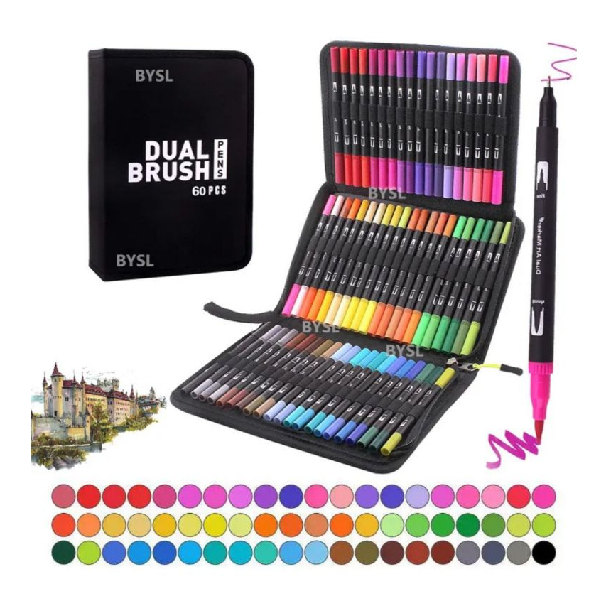 Kit 60/ 48Canetas Ponta Dupla Brush Fine Line Dual Touch Estojo