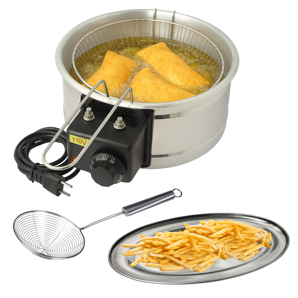 Kit Fritadeira Elétrica Tacho Inox 5L + Escumadeira e Traves
