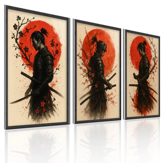 Quadro Decorativo 3 Peças Quarto Samurai Japonês – Arte Decorativa com Sol Nascente e Cerejeiras Ppe