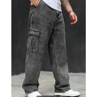 Calça Jeans Cargo Masculino Baggy Cintura Com Cordao Pena Larga Cinza Escuro P AO GG